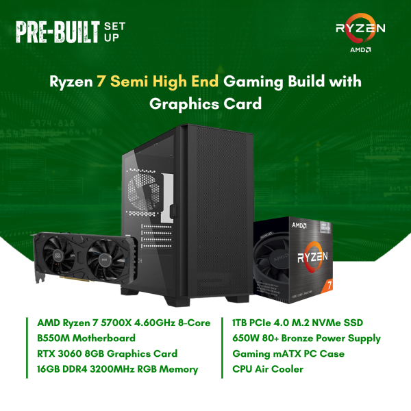 AMD Ryzen 7 5700X 8-Core | B550M | 16GB DDR4 RAM | 1TB NVMe SSD | RTX3060 8G GPU | 650W Bronze PSU | Montech mATX Case | 120mm Air Cooler | CPU Package Sale