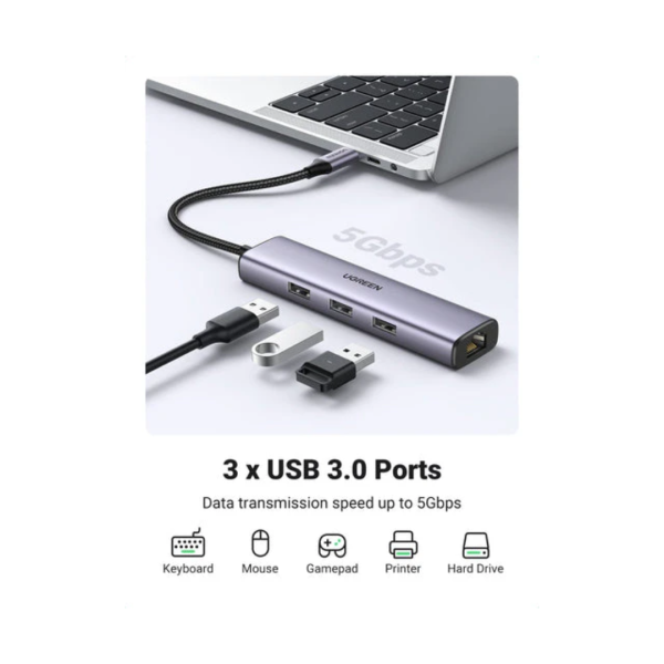 UGREEN USB-C TO 3Port USB3.0 Hub w  Ethernet CM475 60600 on Sale