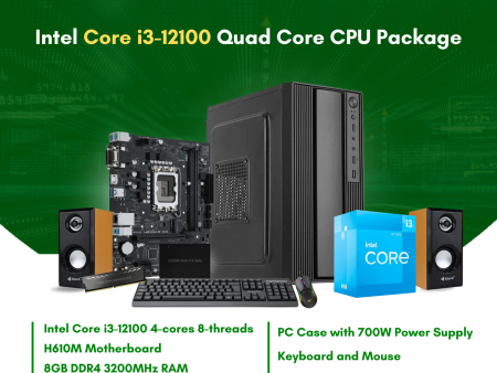 Intel Core i3-12100 Quad Core | H610M | 8GB DDR4 RAM | 512GB NVMe SSD | Keyboard | Mouse | Speaker CPU Package Fashion