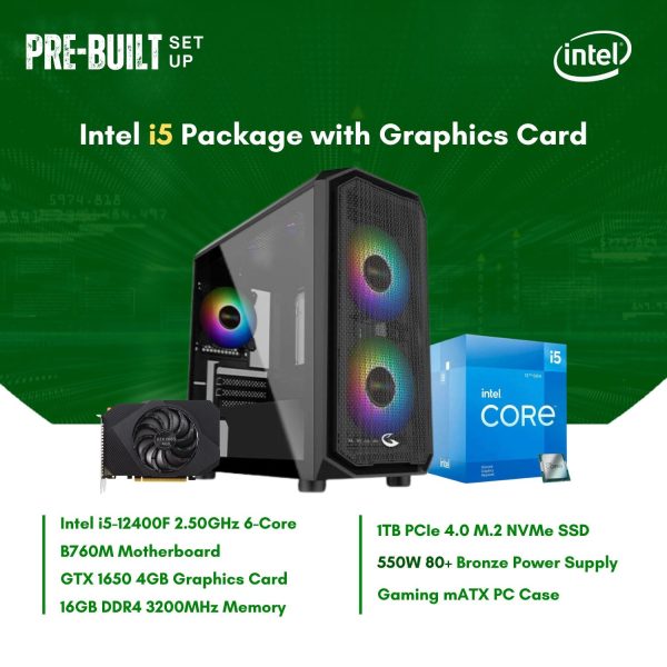 Intel Core i5-12400F | B760M | 16GB DDR4 RAM | 1TB NVMe SSD | GTX1650 4G GPU | 550W Bronze PSU | Sting Pro mATX Case | CPU Package Online Hot Sale