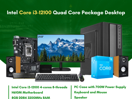 Intel Core i3-12100 Quad Core | H610M | 8GB DDR4 RAM | 512GB NVMe SSD | Keyboard | Mouse | Speaker | 21.5  LED Package Desktop For Cheap